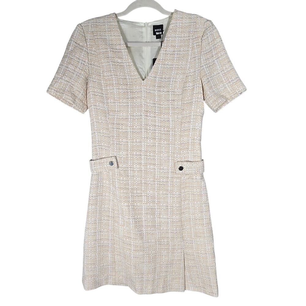 HUGO‎ BOSS Destena2 Dress Womens 0 Beige Plaid Tweed V-Neck Sheath Work Business
